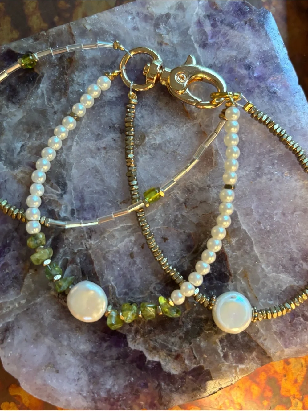 Gold Pearl & Peridot Beaded Bracelet - 7.5 inches